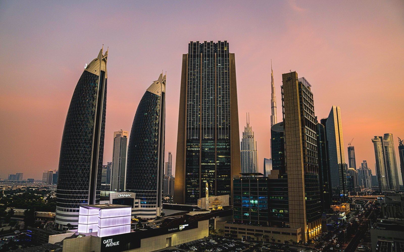 Index Tower and Gate Avenue in DIFC at dusk